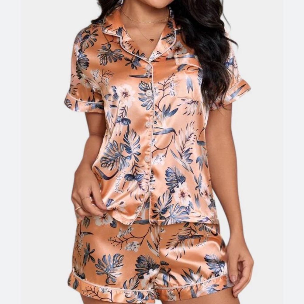 SHEIN Orange Floral Satin Pajama Set #18